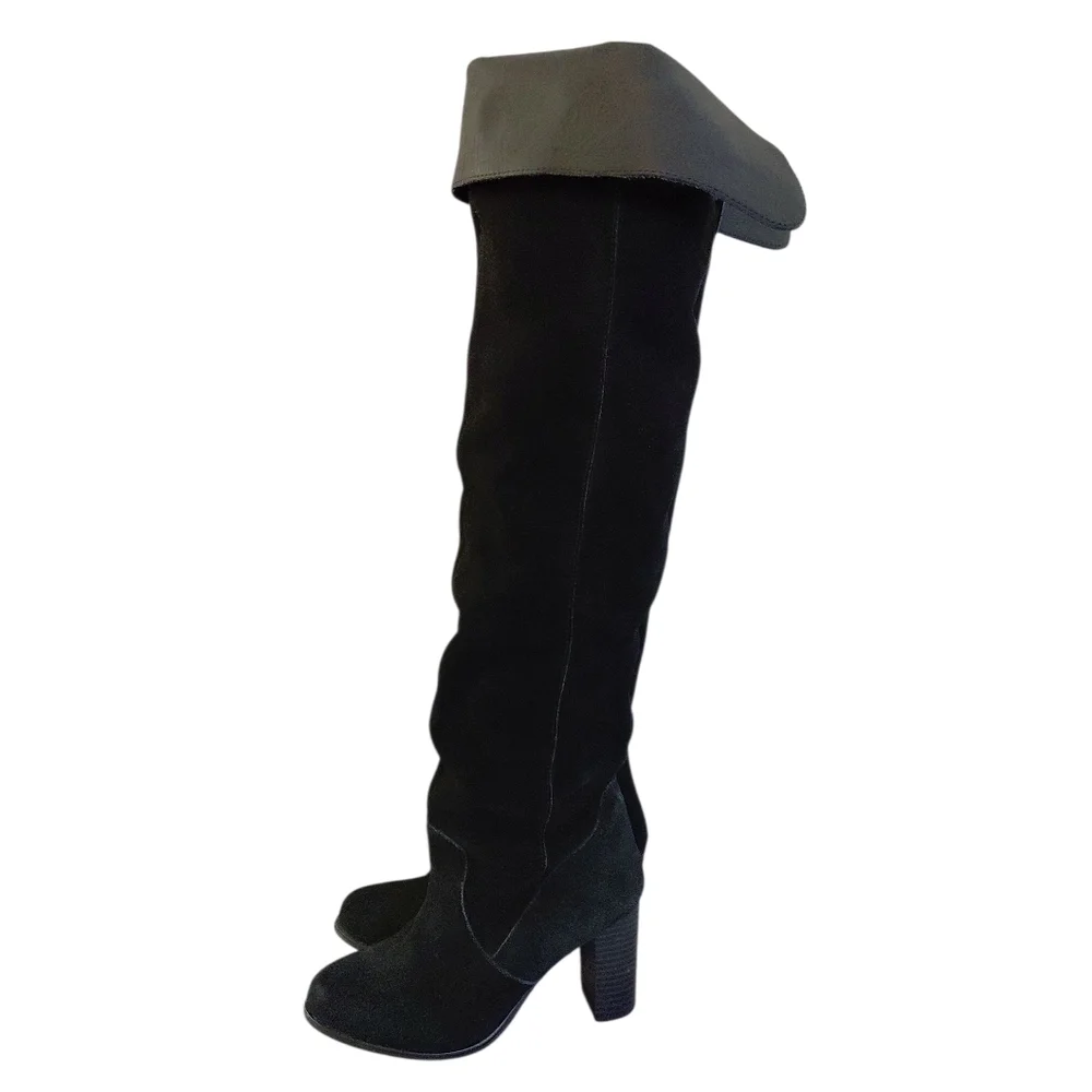 Black Convertible Over The Knee Boots Heeled Black Suede Thigh Highs Sz 6